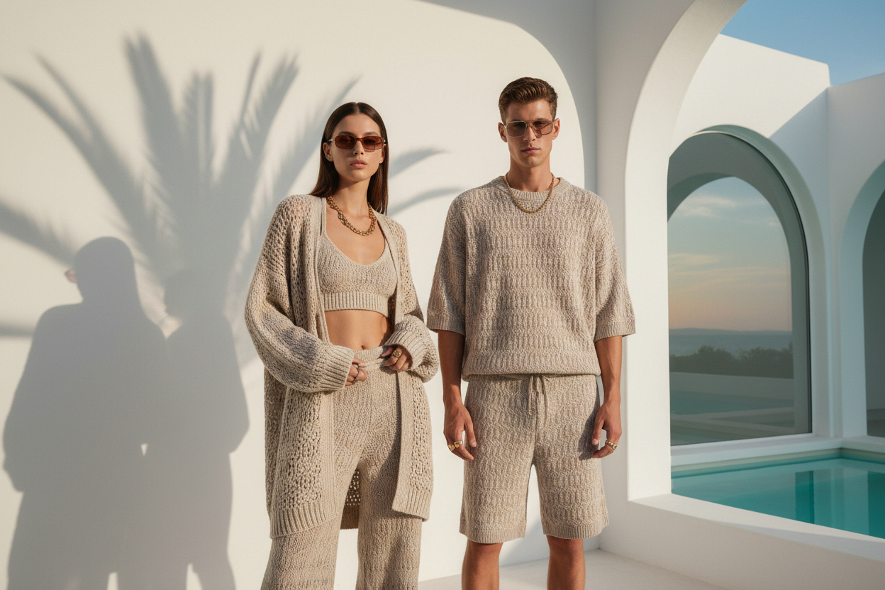 Two people wearing matching knit outfits standing in a sunlit outdoor setting with architectural elements.