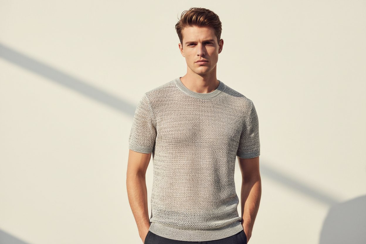Man wearing a textured gray sweater against a neutral background