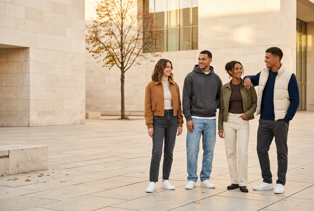 Pilqo Autumn is here — czworo młodych dorosłych modeli w słonecznej jesiennej scenerii premium