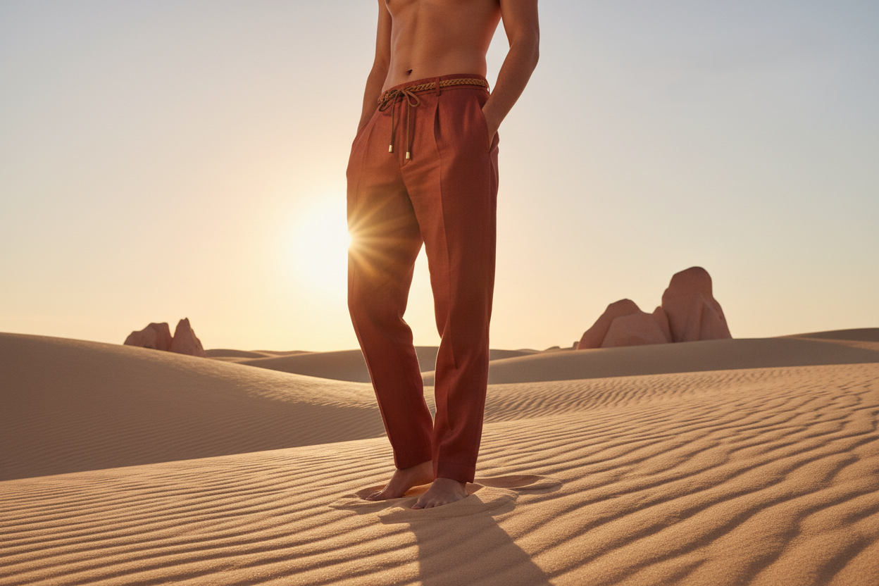 Person wearing red pants standing on a sand dune with a sunset in the background