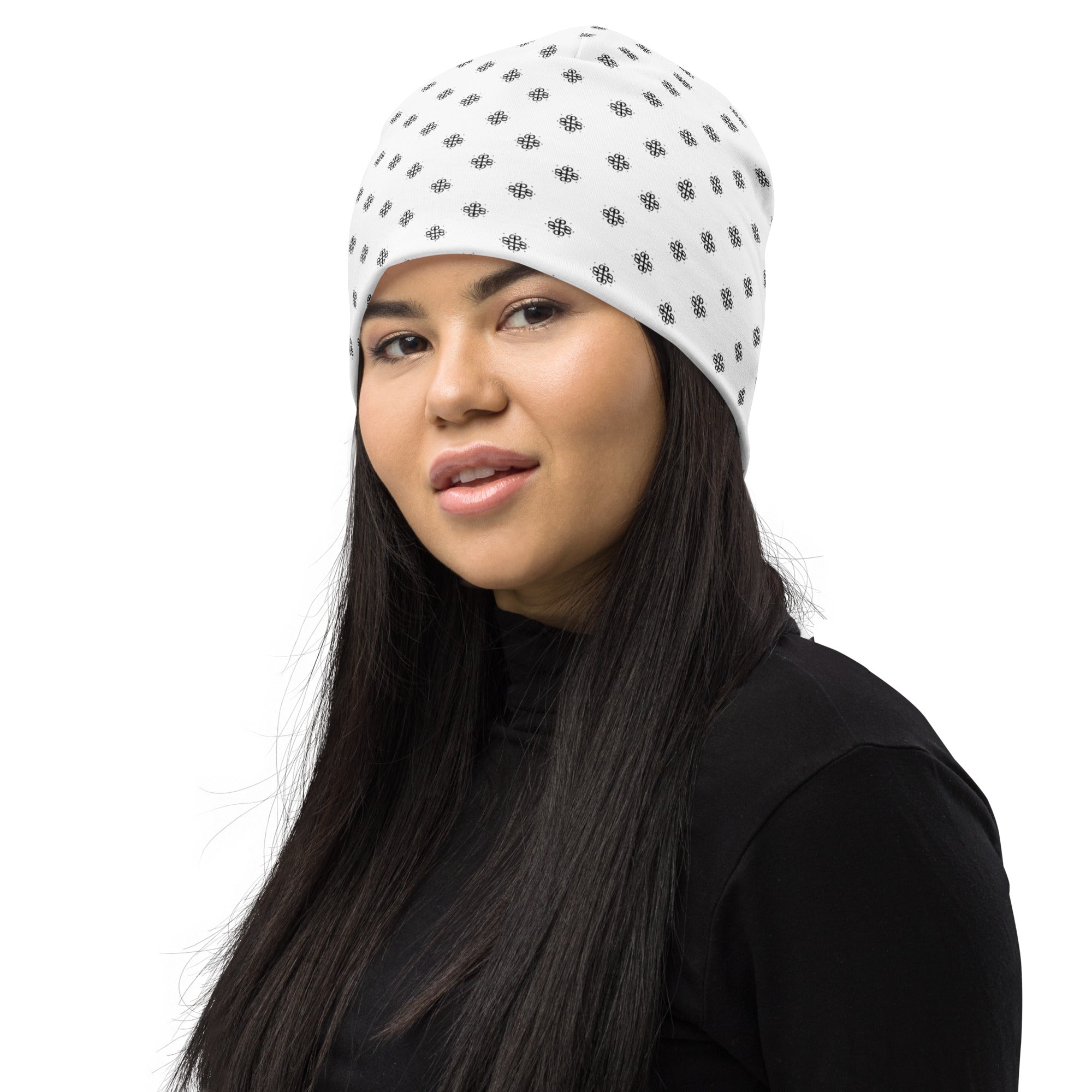 All-Over Print Beanie with clover logo