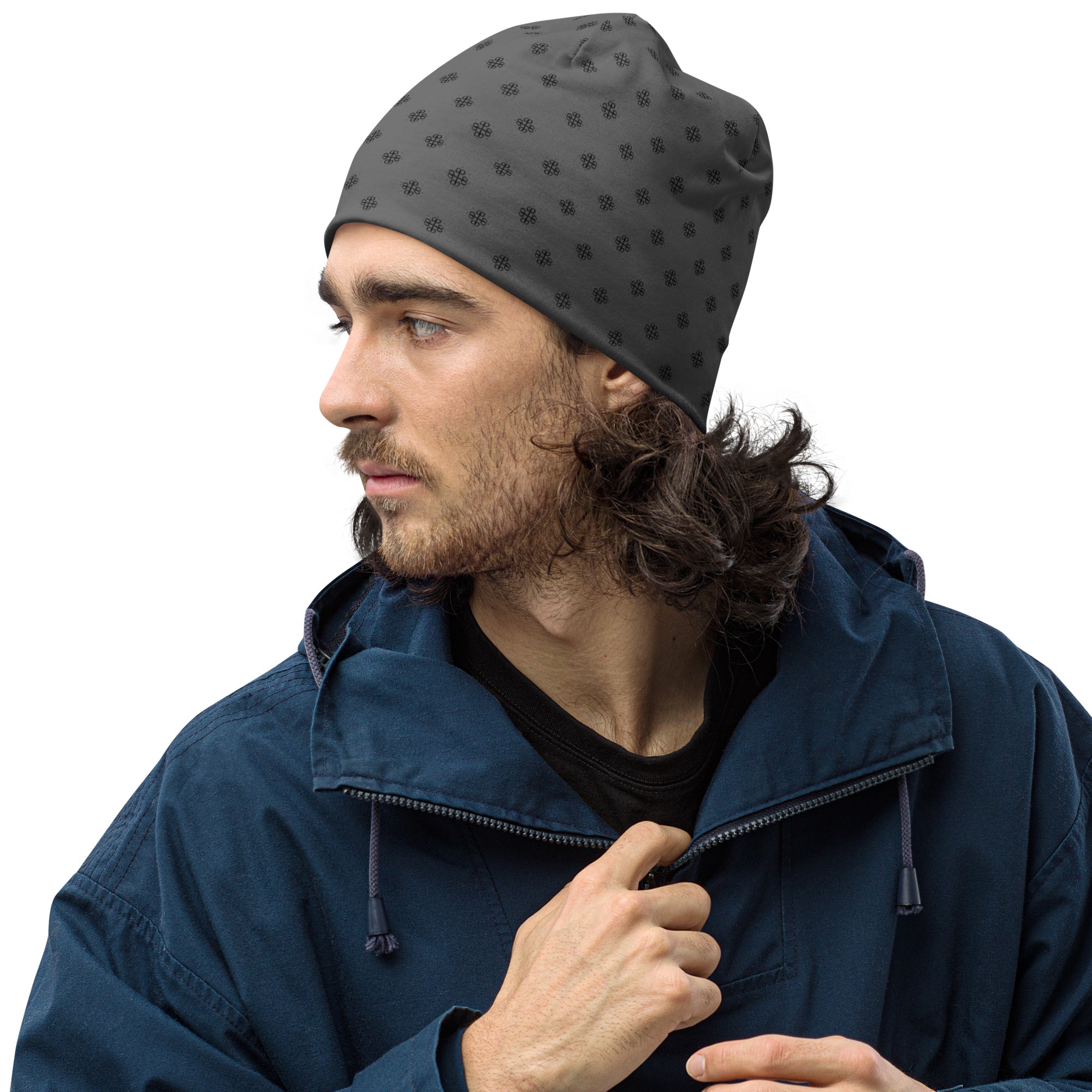 All-Over Print Beanie with clover logo