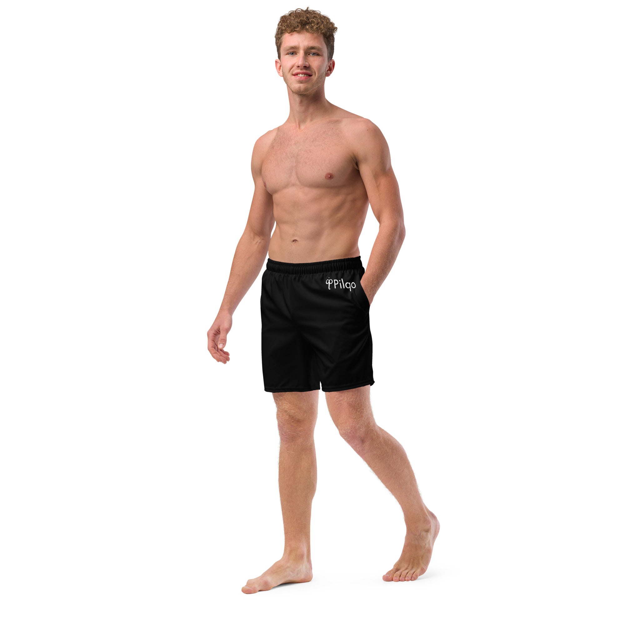 Recycled swim trunks with a logo