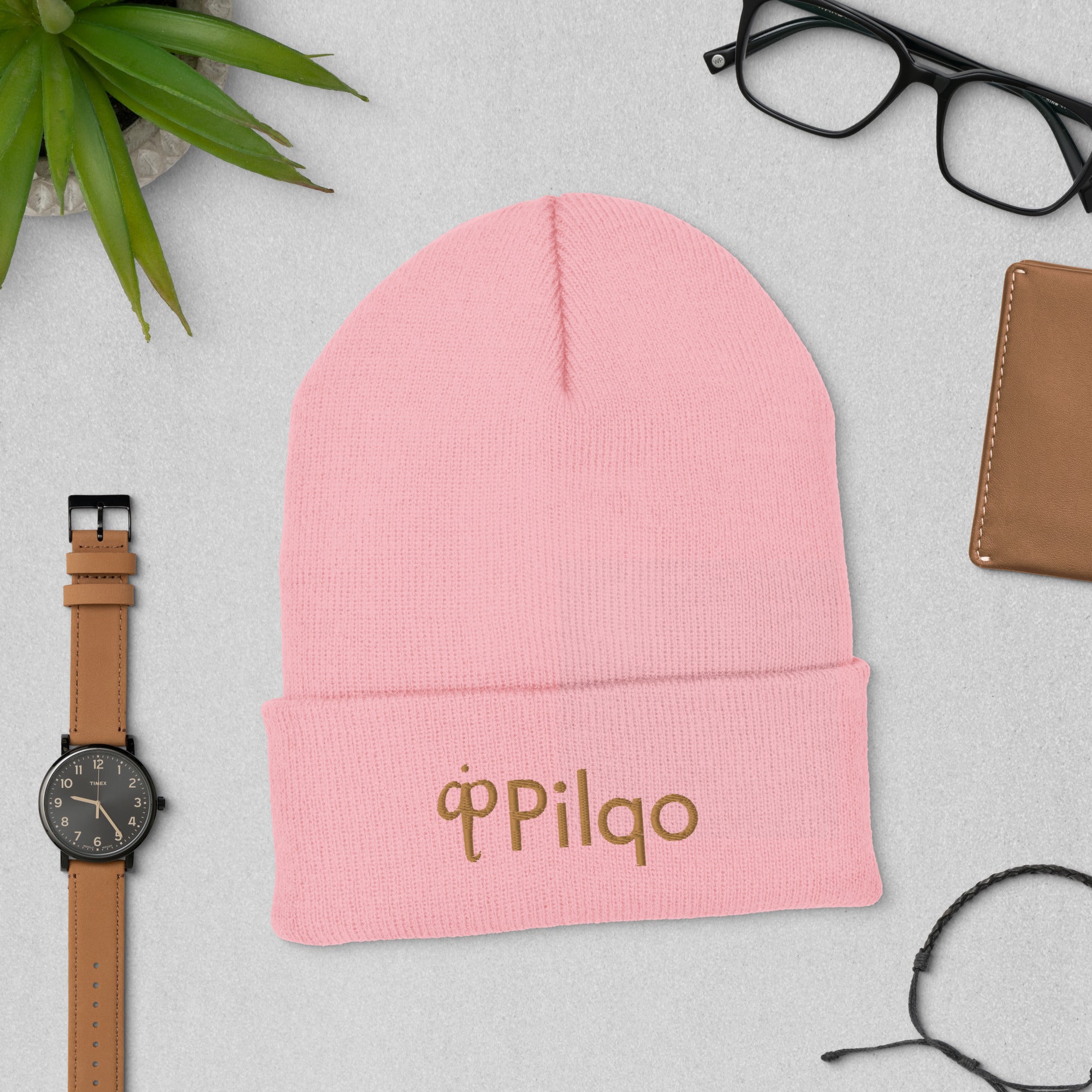 Beanie mit Umschlag und 3D-Logo in Altgold