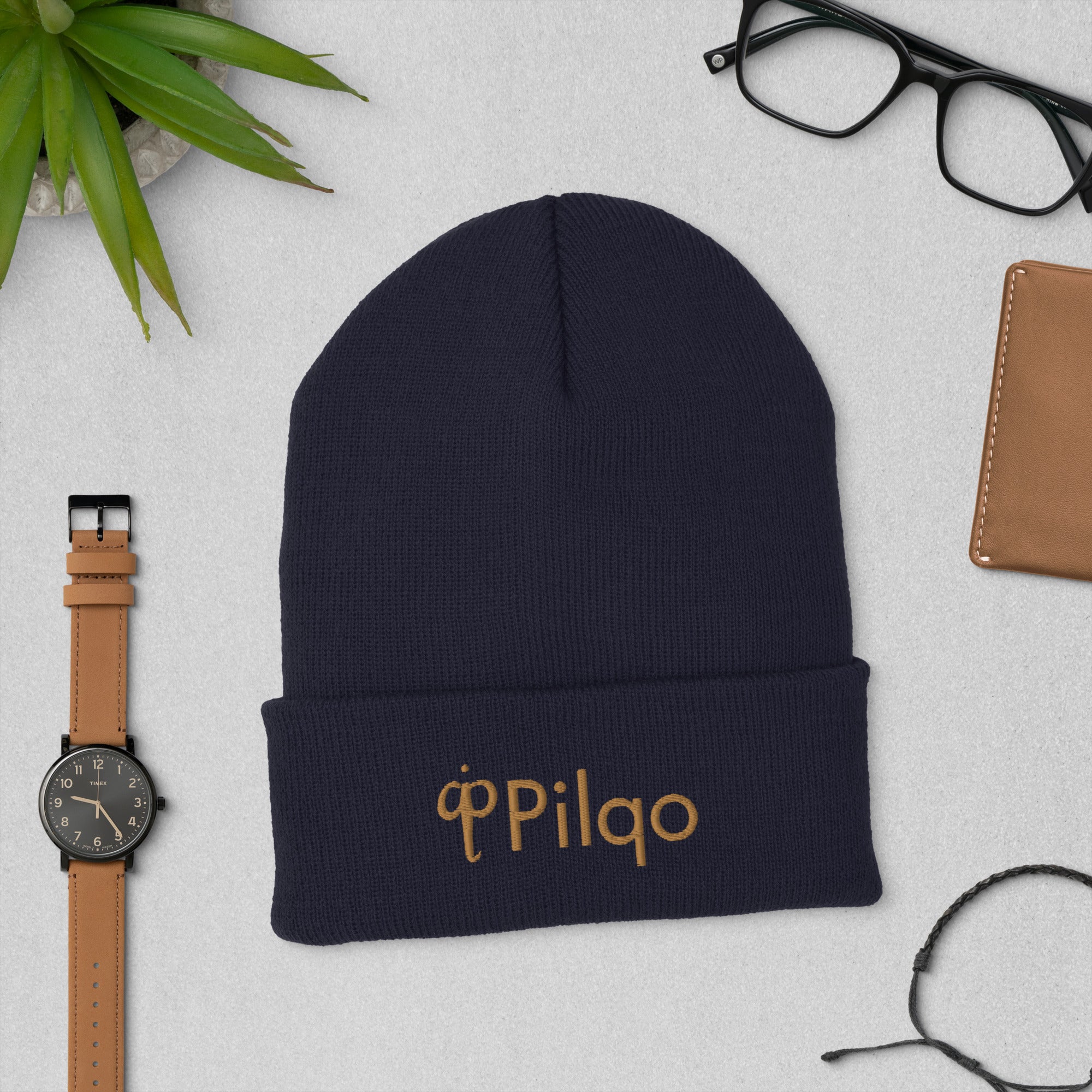 Beanie mit Umschlag und 3D-Logo in Altgold