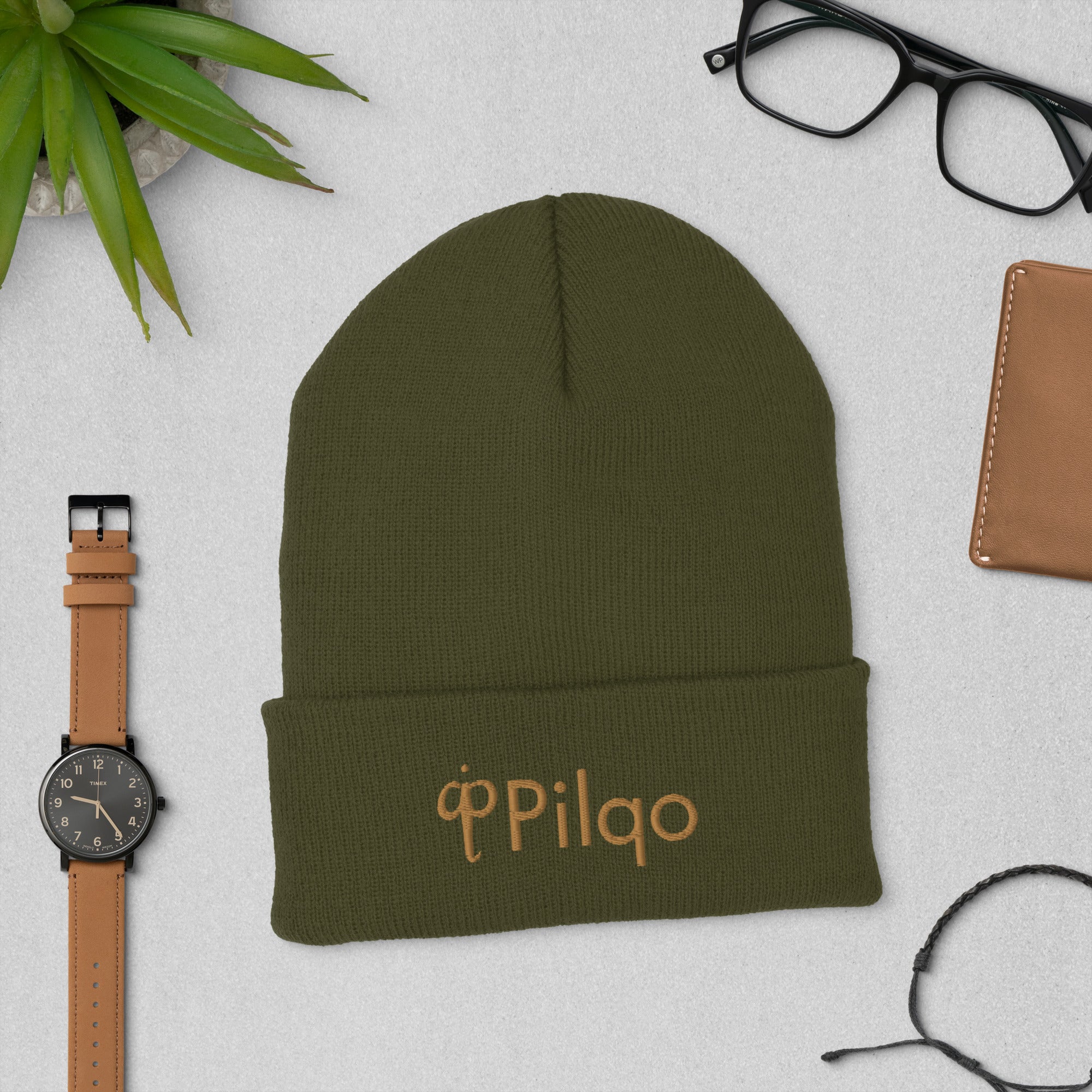 Beanie mit Umschlag und 3D-Logo in Altgold