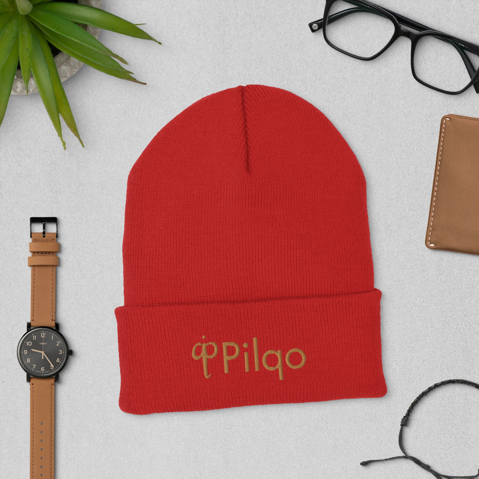 Beanie mit Umschlag und 3D-Logo in Altgold