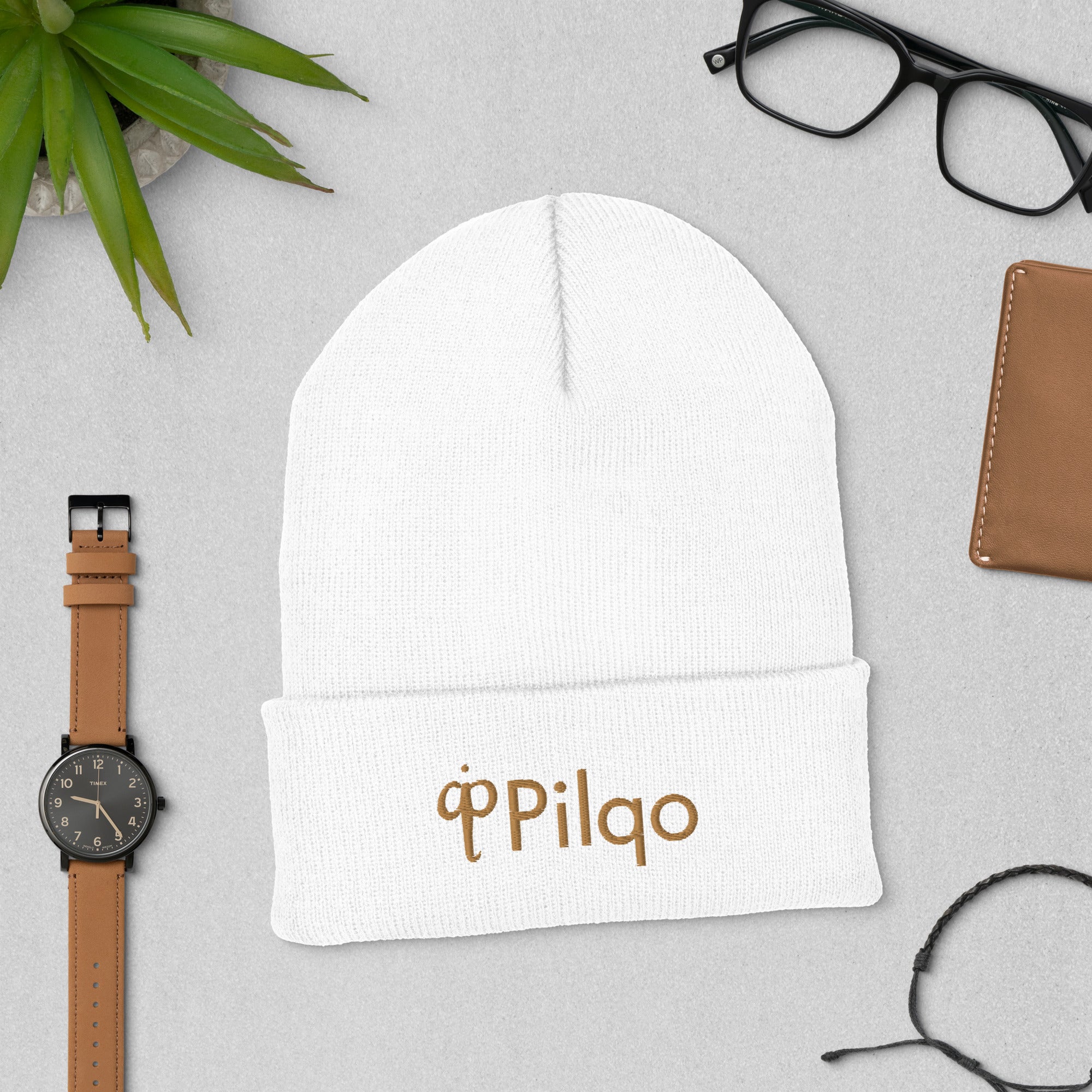 Beanie mit Umschlag und 3D-Logo in Altgold