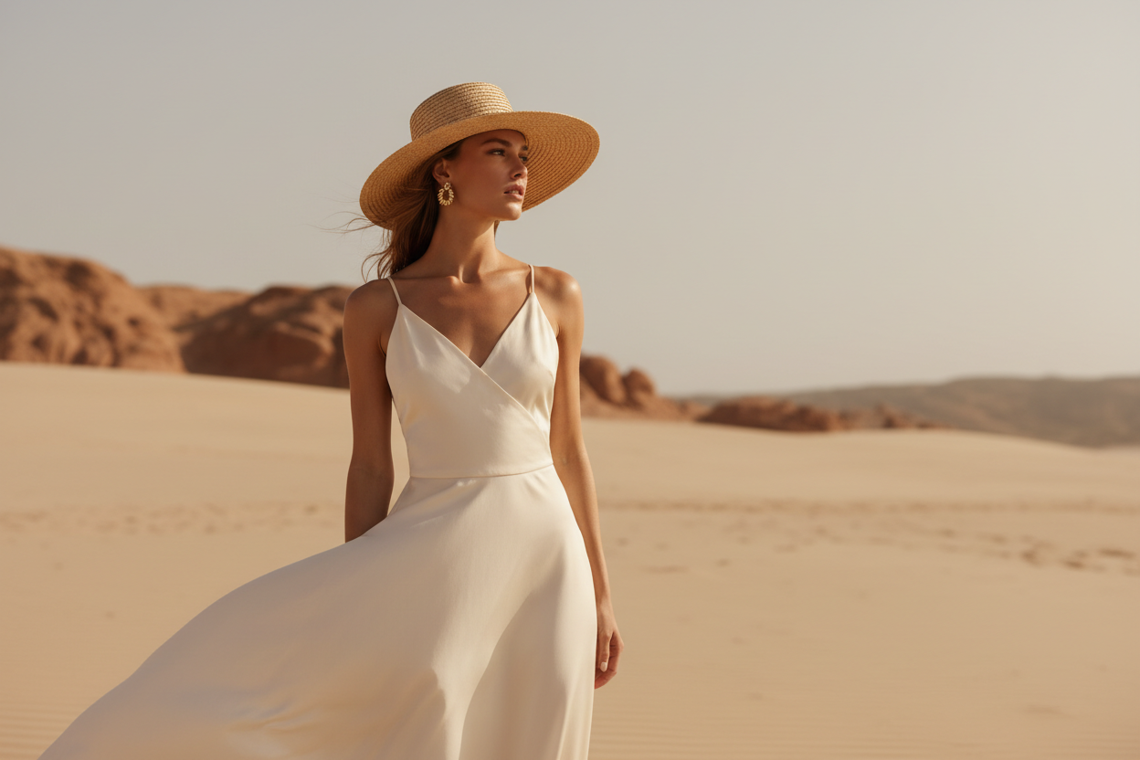 Woman in a white dress and straw hat standing in a desert landscape