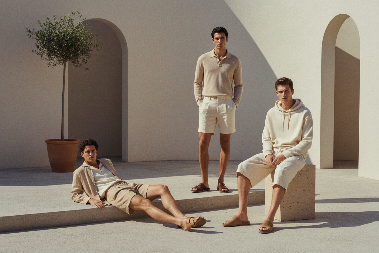 Three people in light-colored clothing sitting and standing in a sunlit outdoor setting with arches and a potted plant.