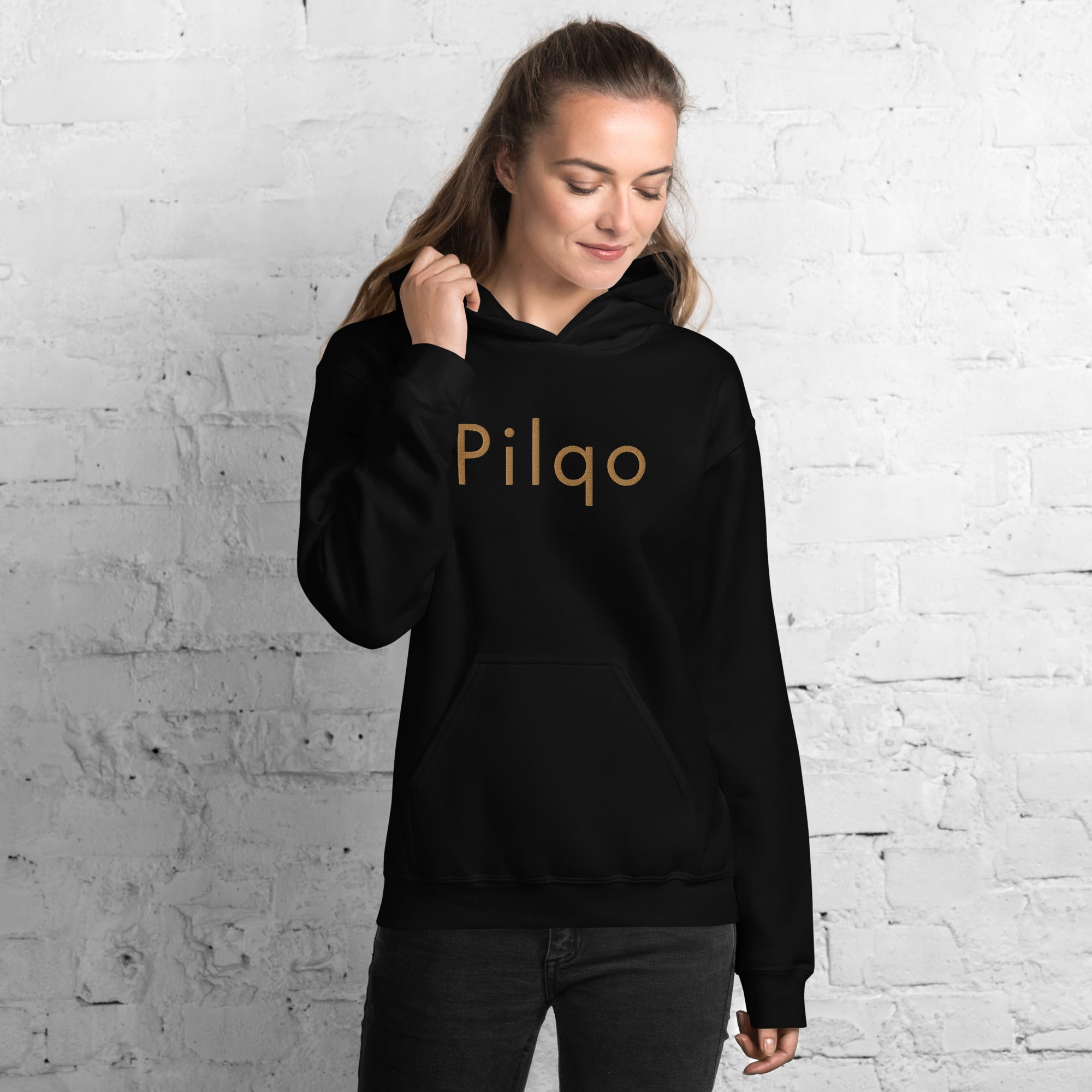 Hoodie with old gold embroidery text