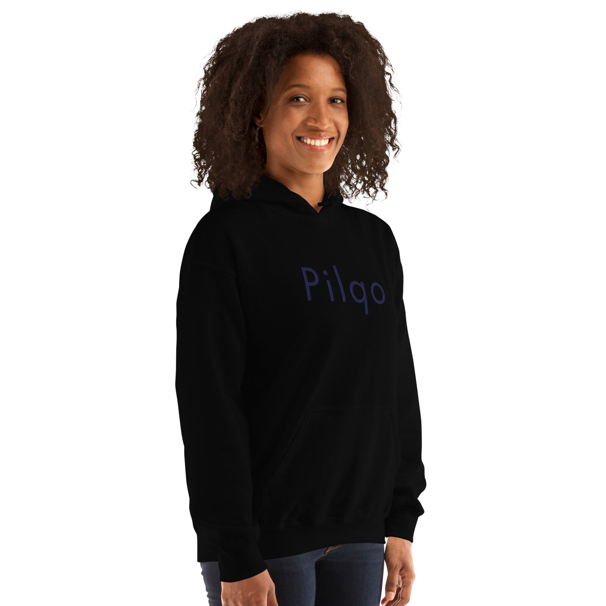 Hoodie with navy embroidery text