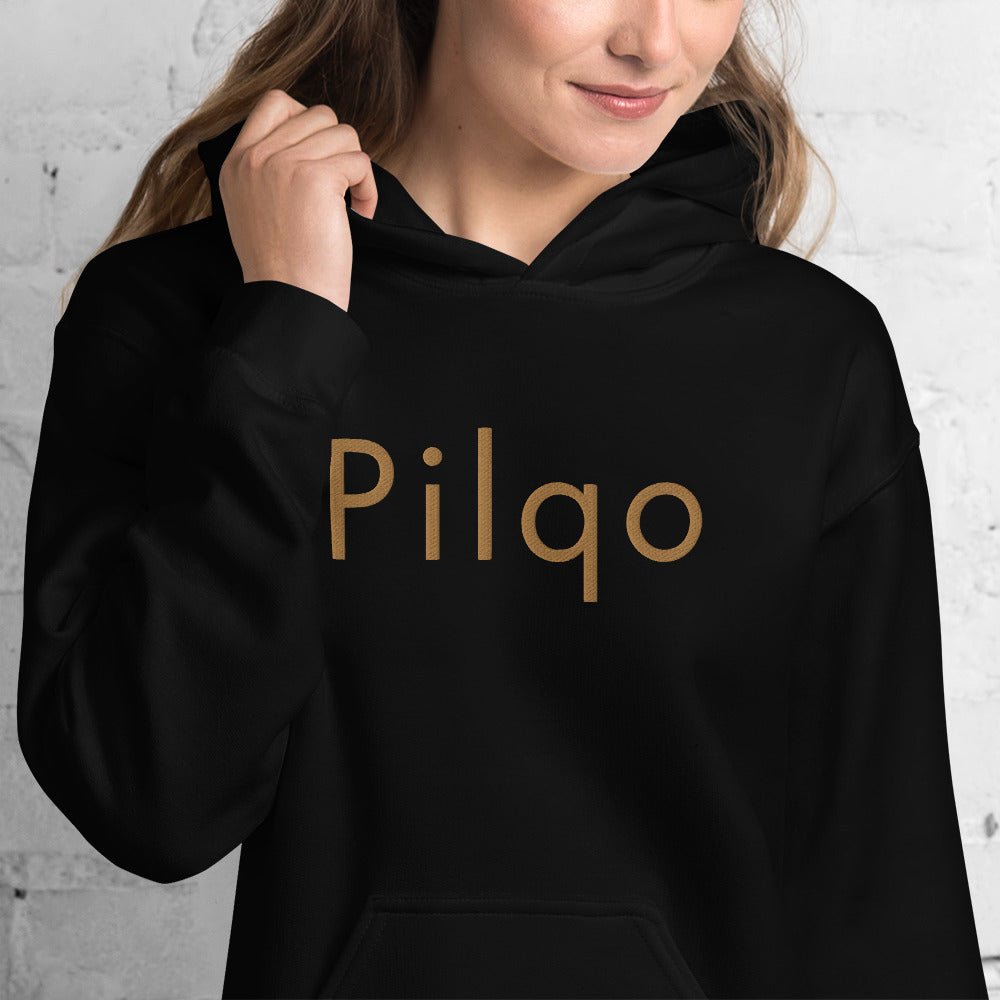 Hoodie with old gold embroidery text