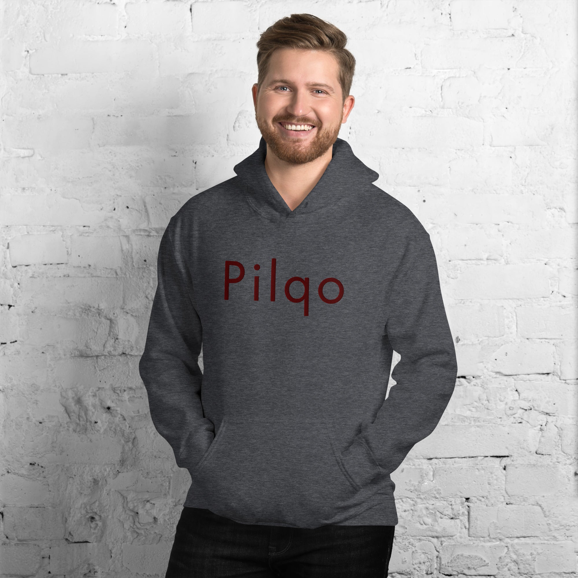 Hoodie with maroon embroidery text