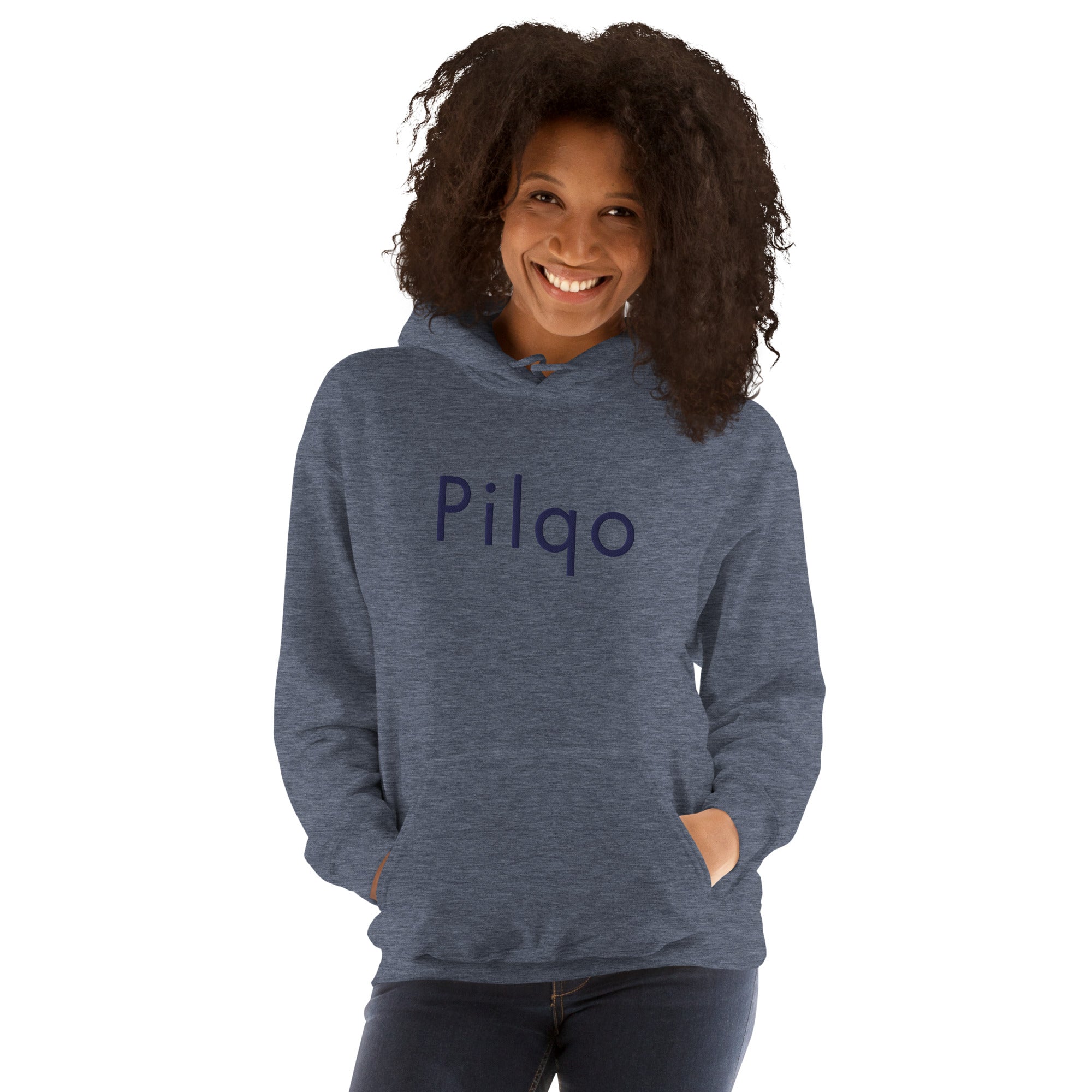 Hoodie with navy embroidery text