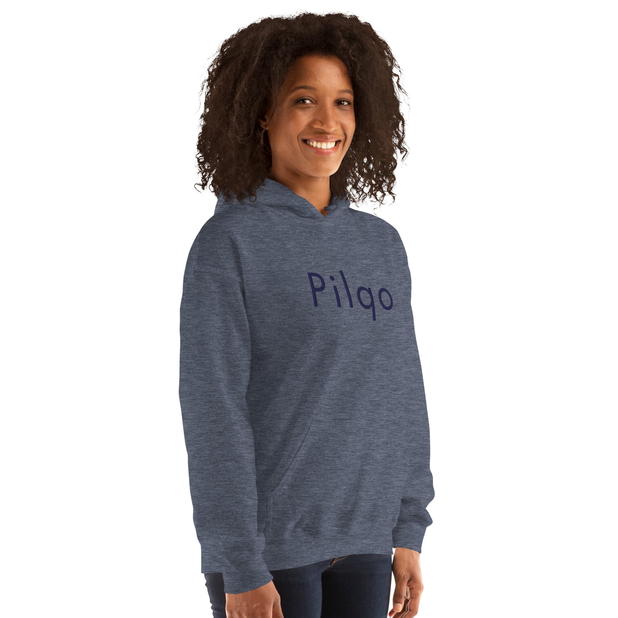 Hoodie with navy embroidery text