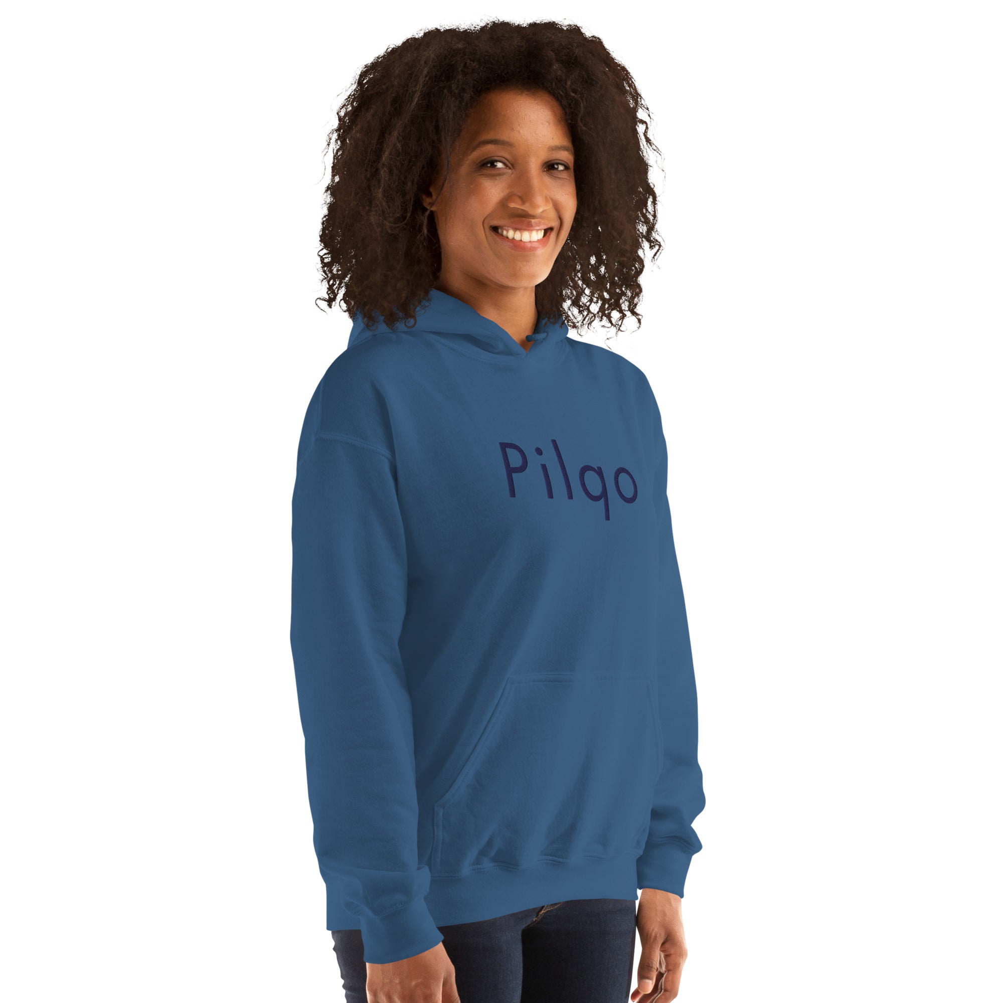 Hoodie with navy embroidery text