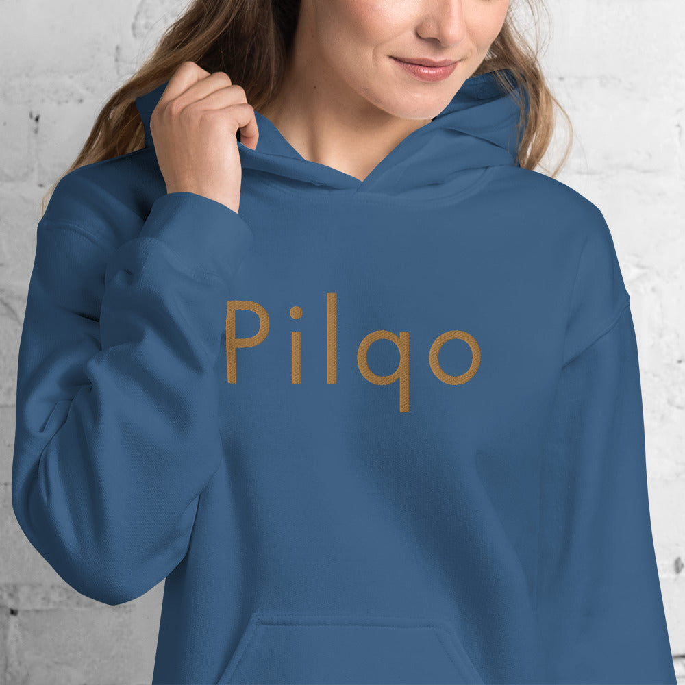 Hoodie with old gold embroidery text