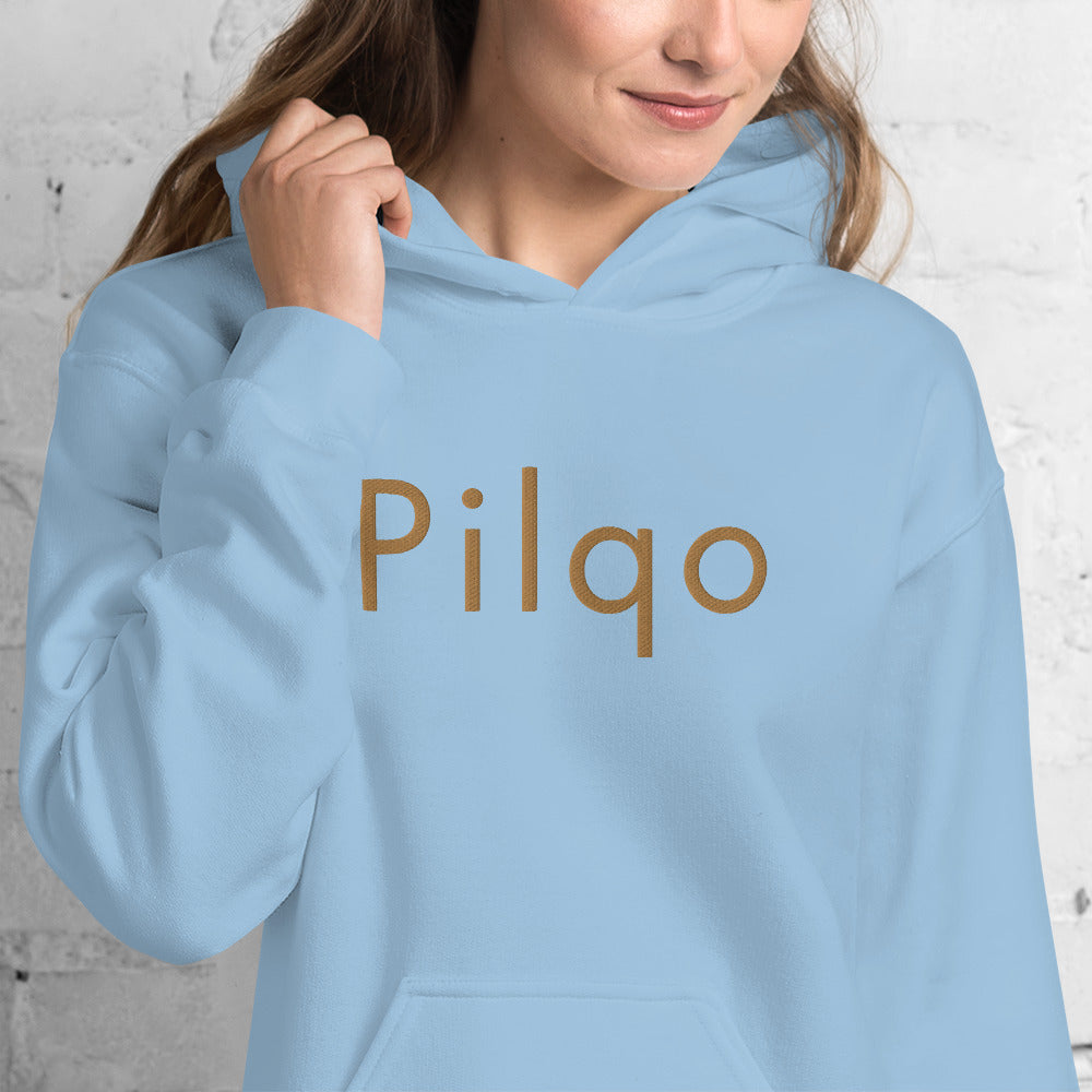 Hoodie with old gold embroidery text