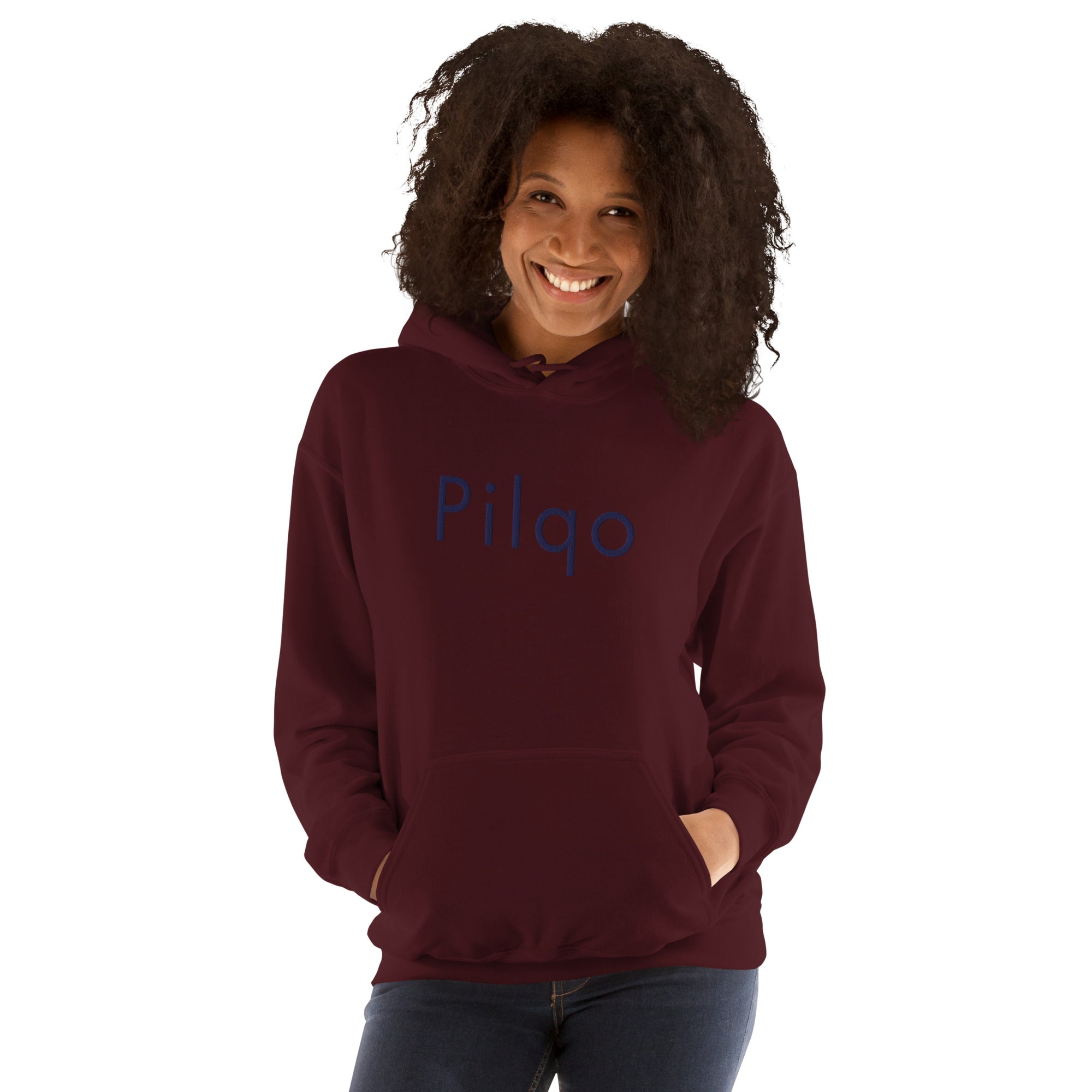 Hoodie with navy embroidery text