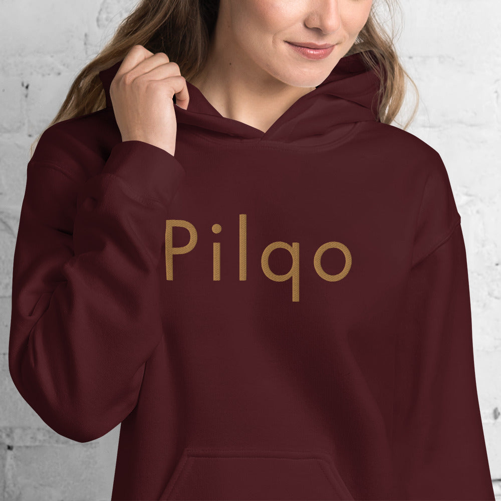 Hoodie with old gold embroidery text