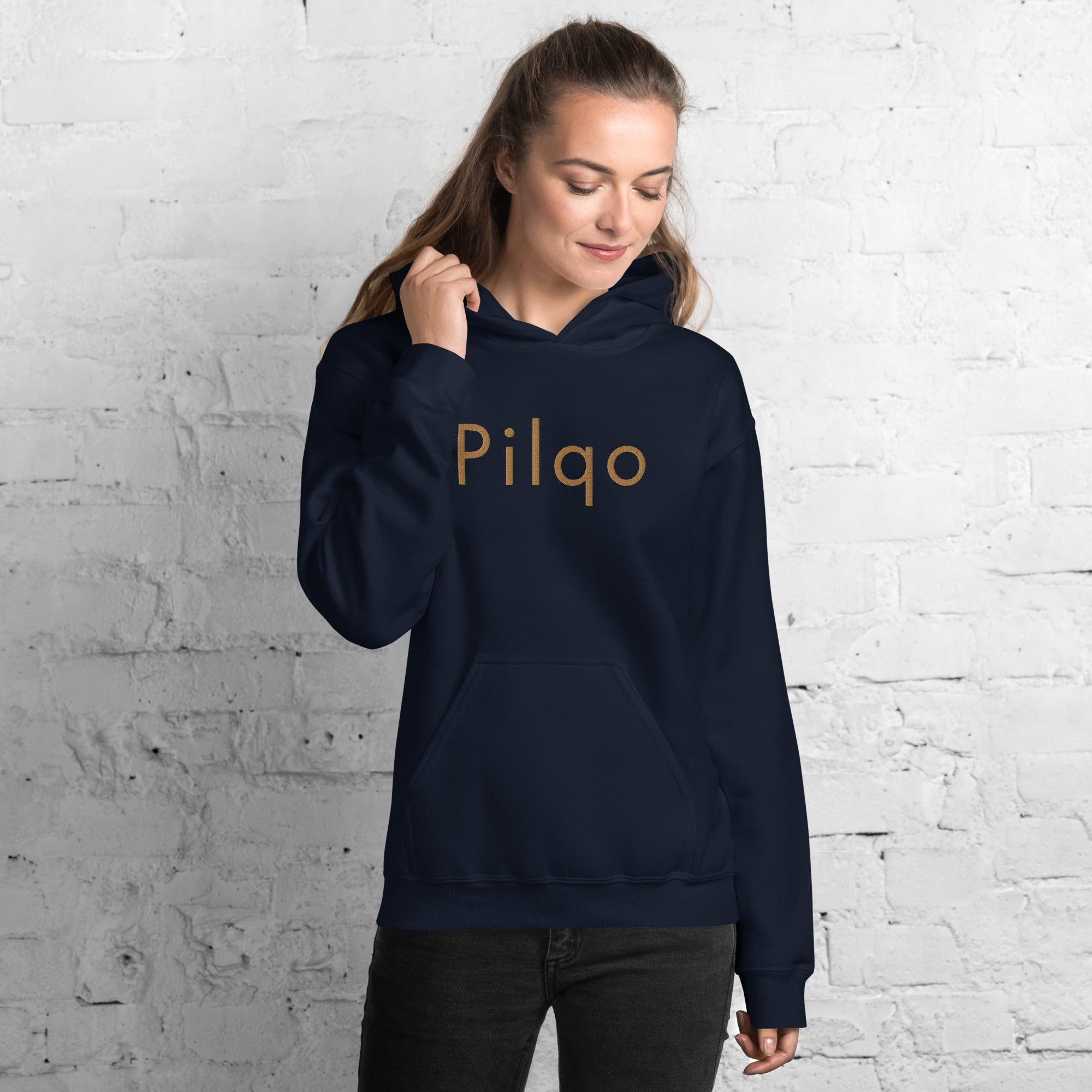 Hoodie with old gold embroidery text