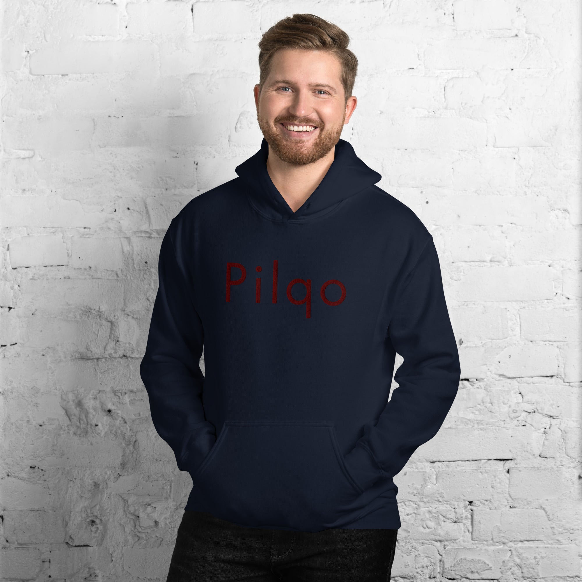 Hoodie with maroon embroidery text