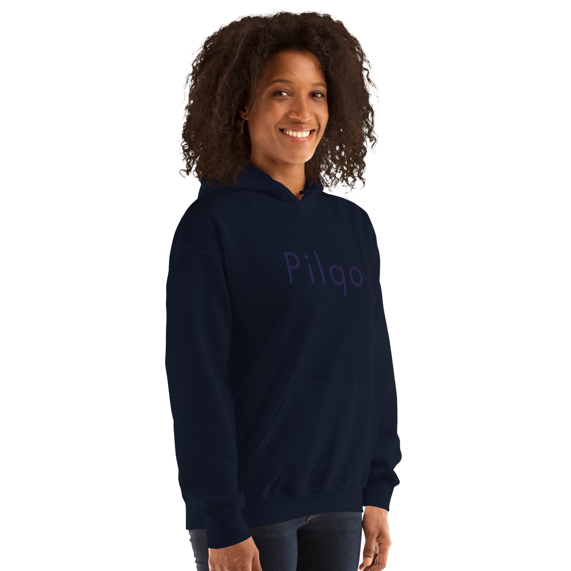 Hoodie with navy embroidery text