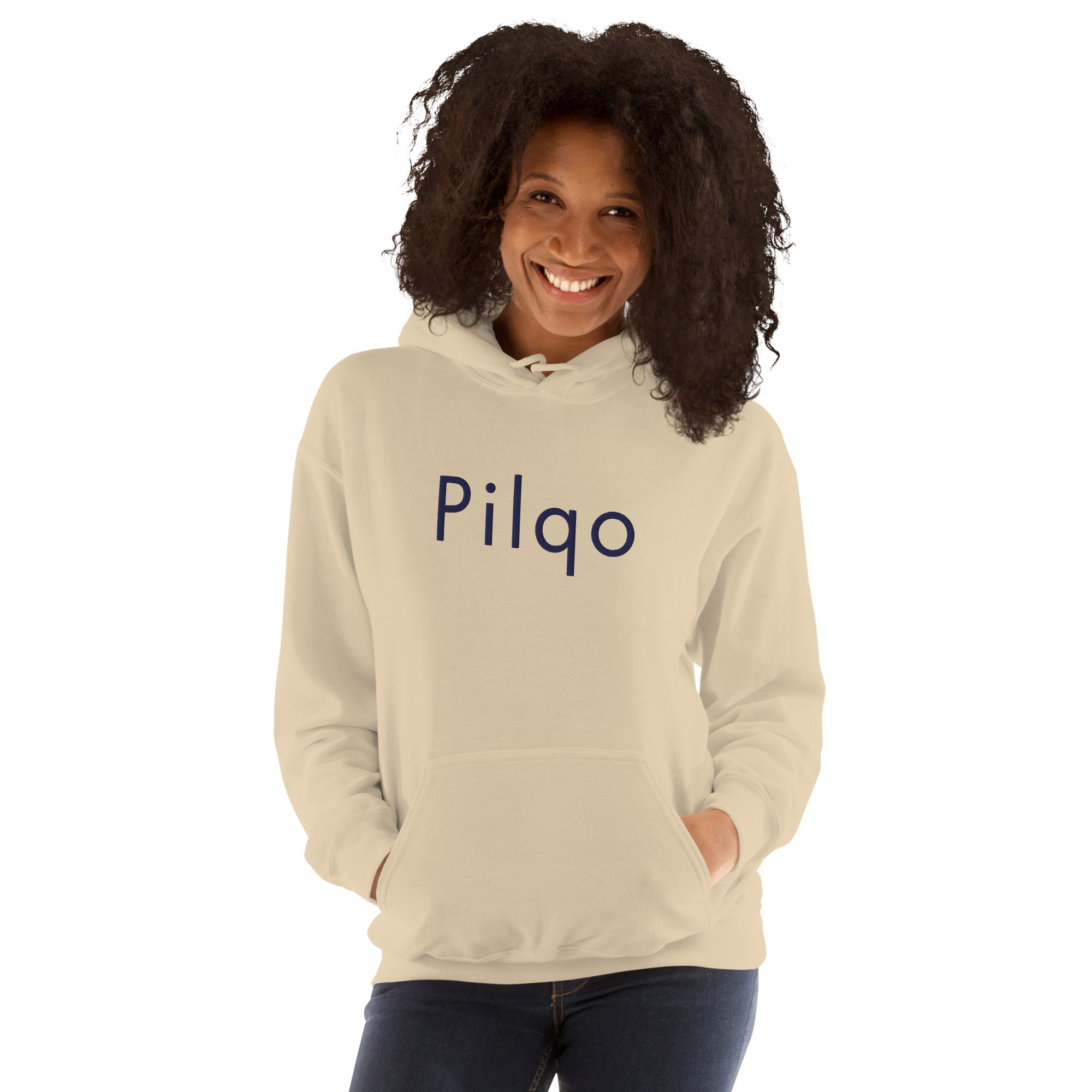 Hoodie with navy embroidery text