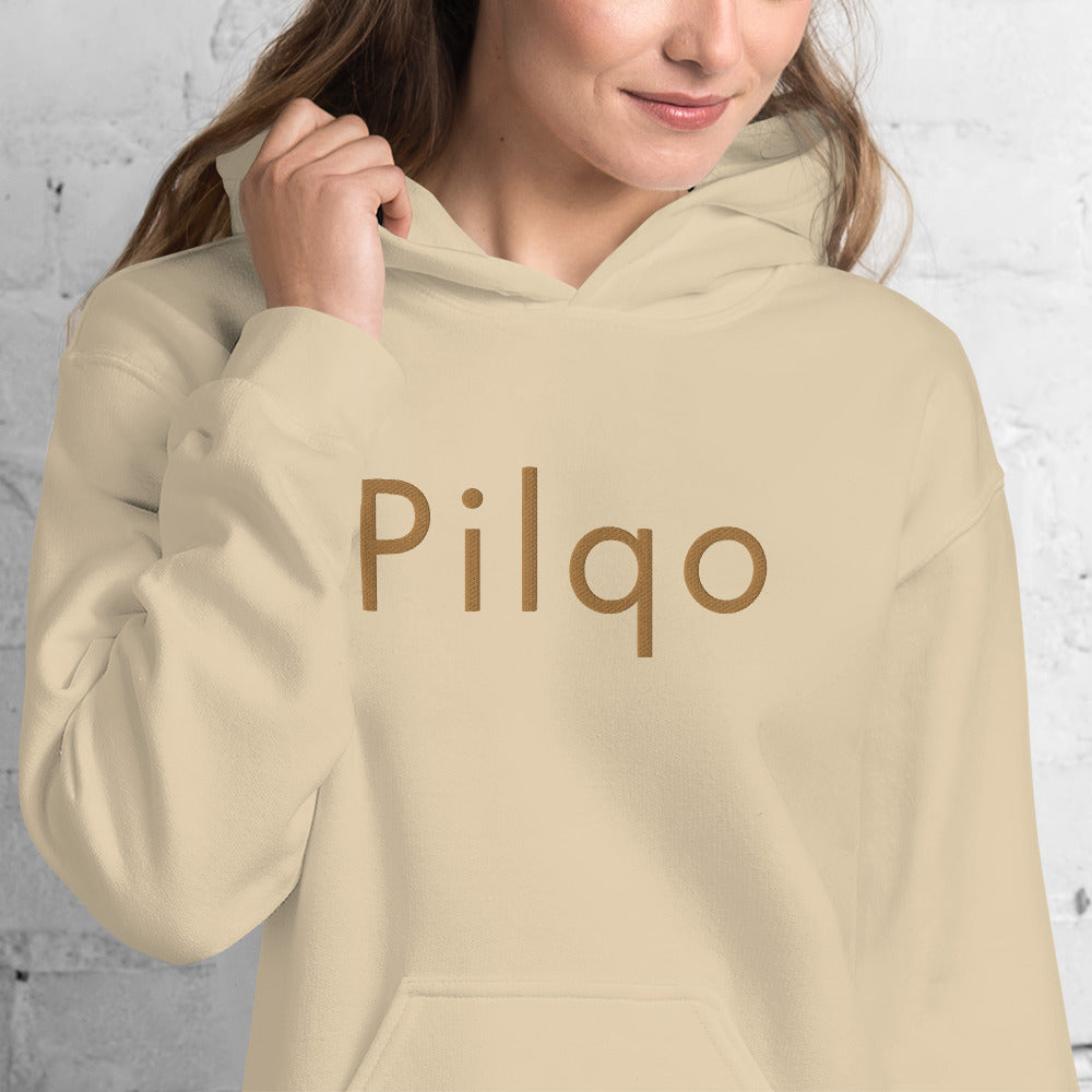 Hoodie with old gold embroidery text