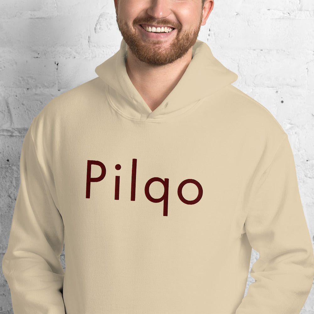 Hoodie with maroon embroidery text