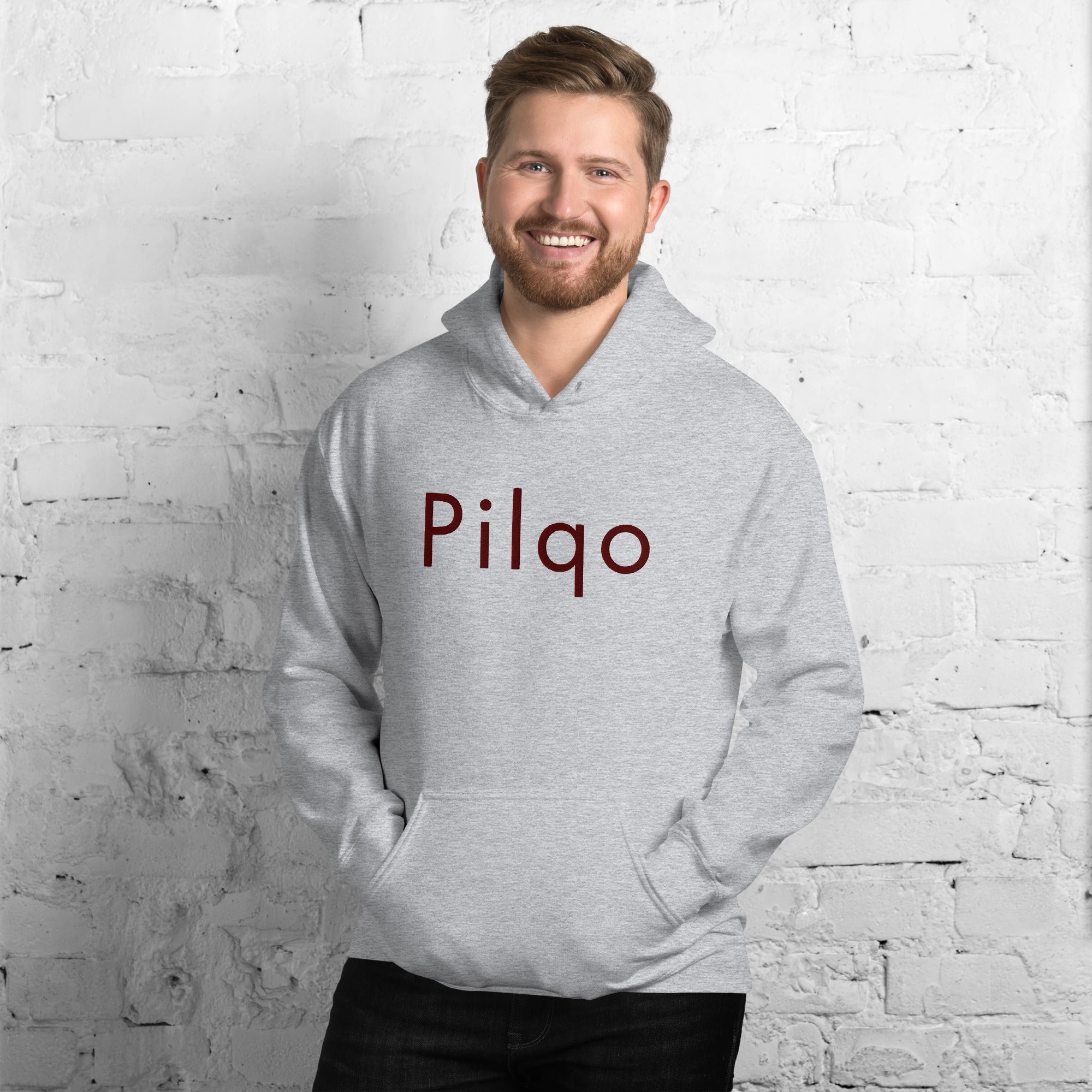 Hoodie with maroon embroidery text