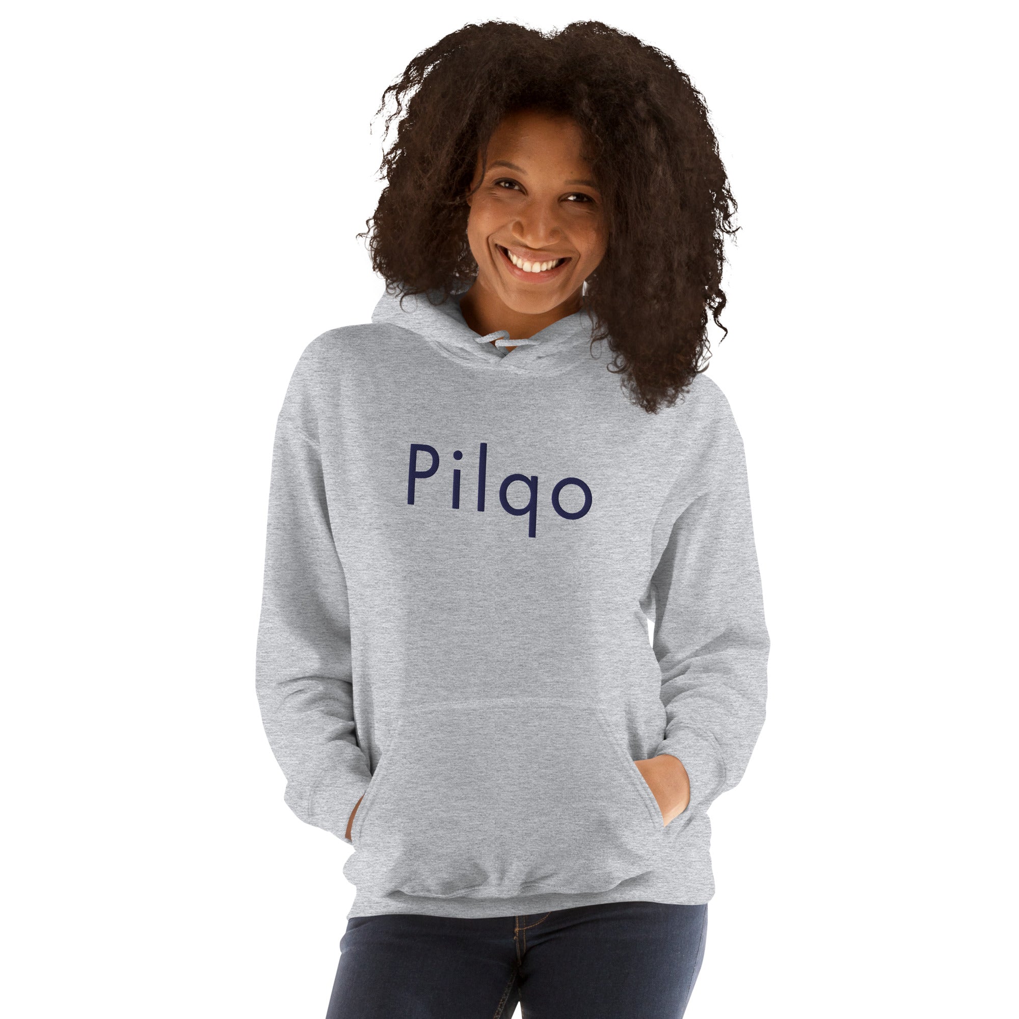 Hoodie with navy embroidery text