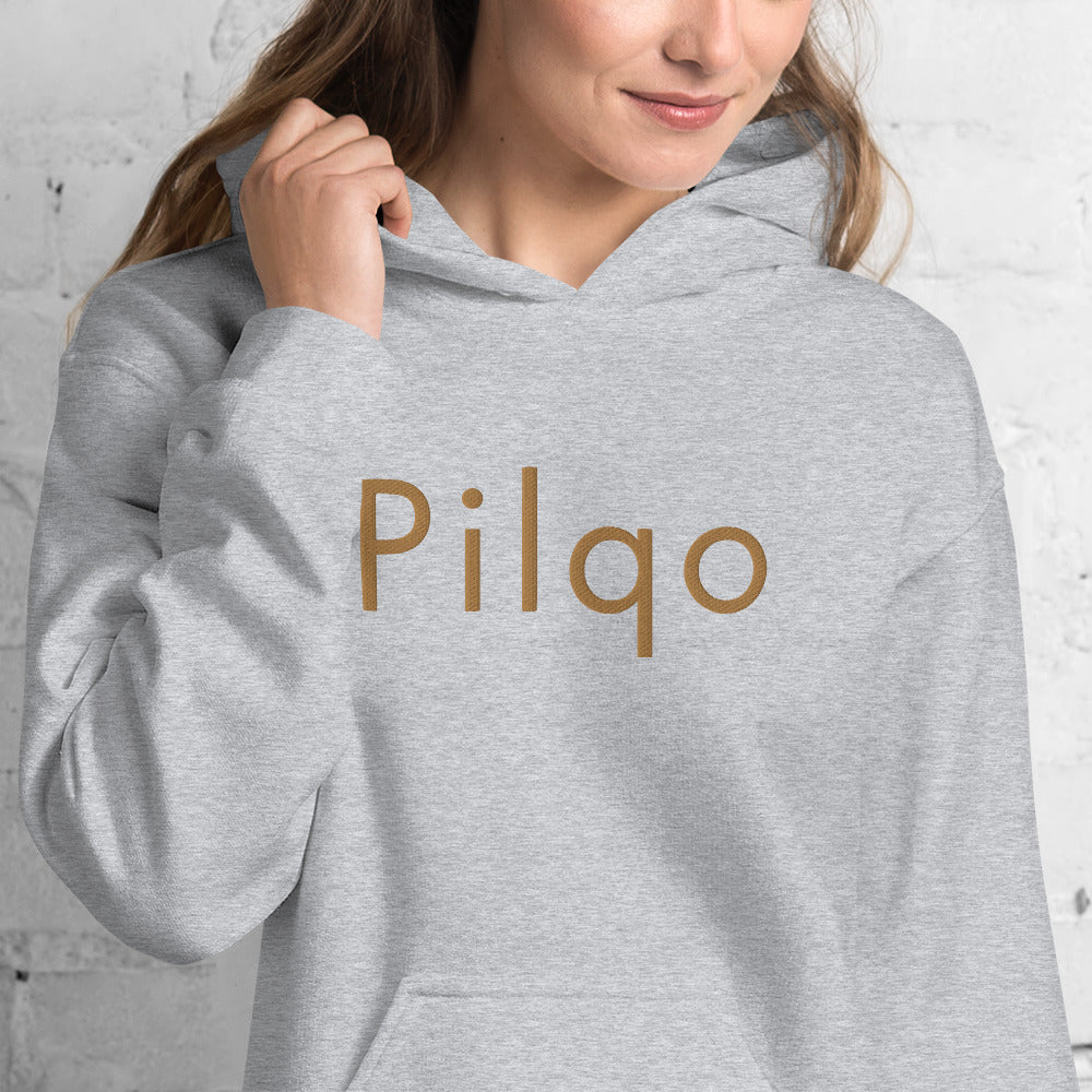 Hoodie with old gold embroidery text