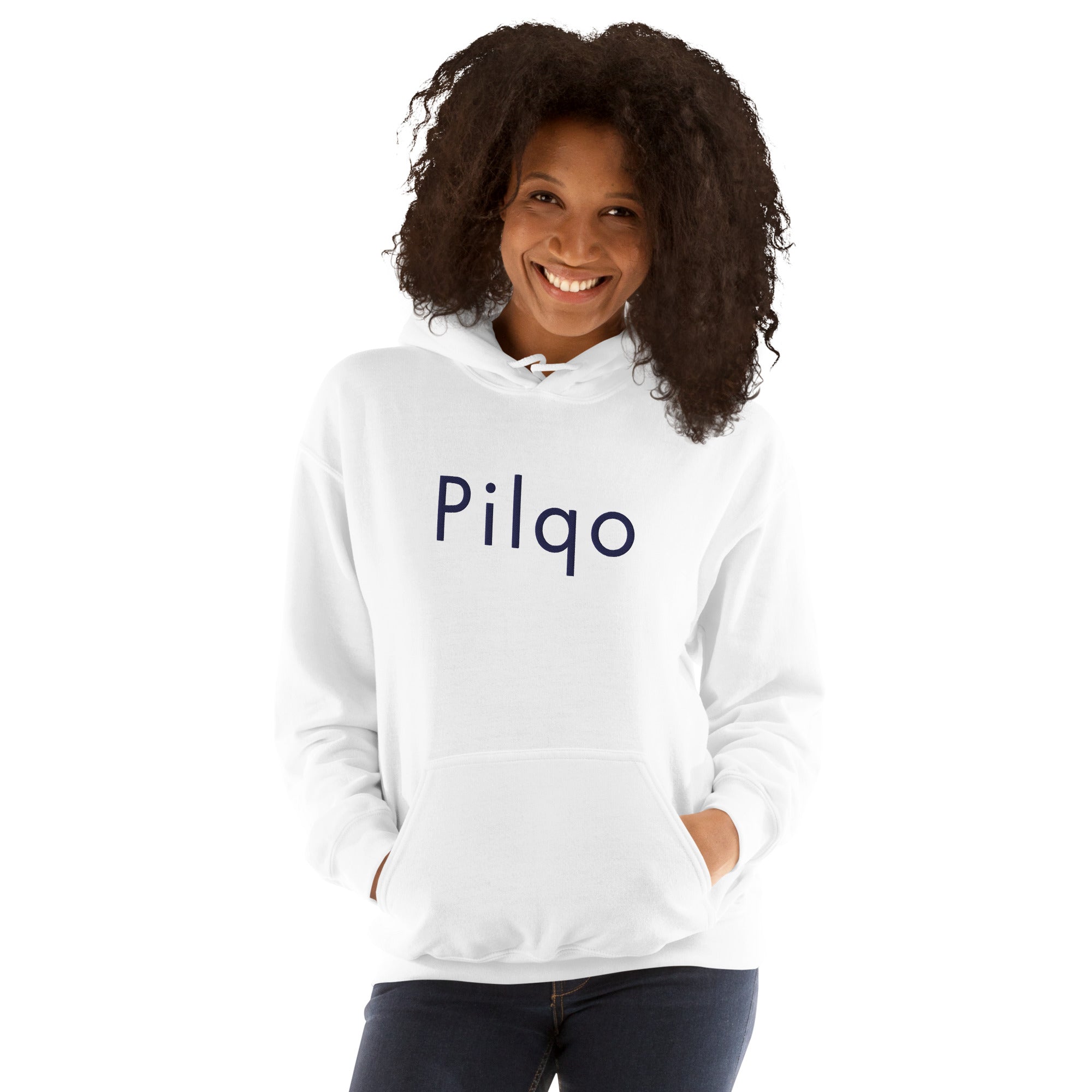 Hoodie with navy embroidery text