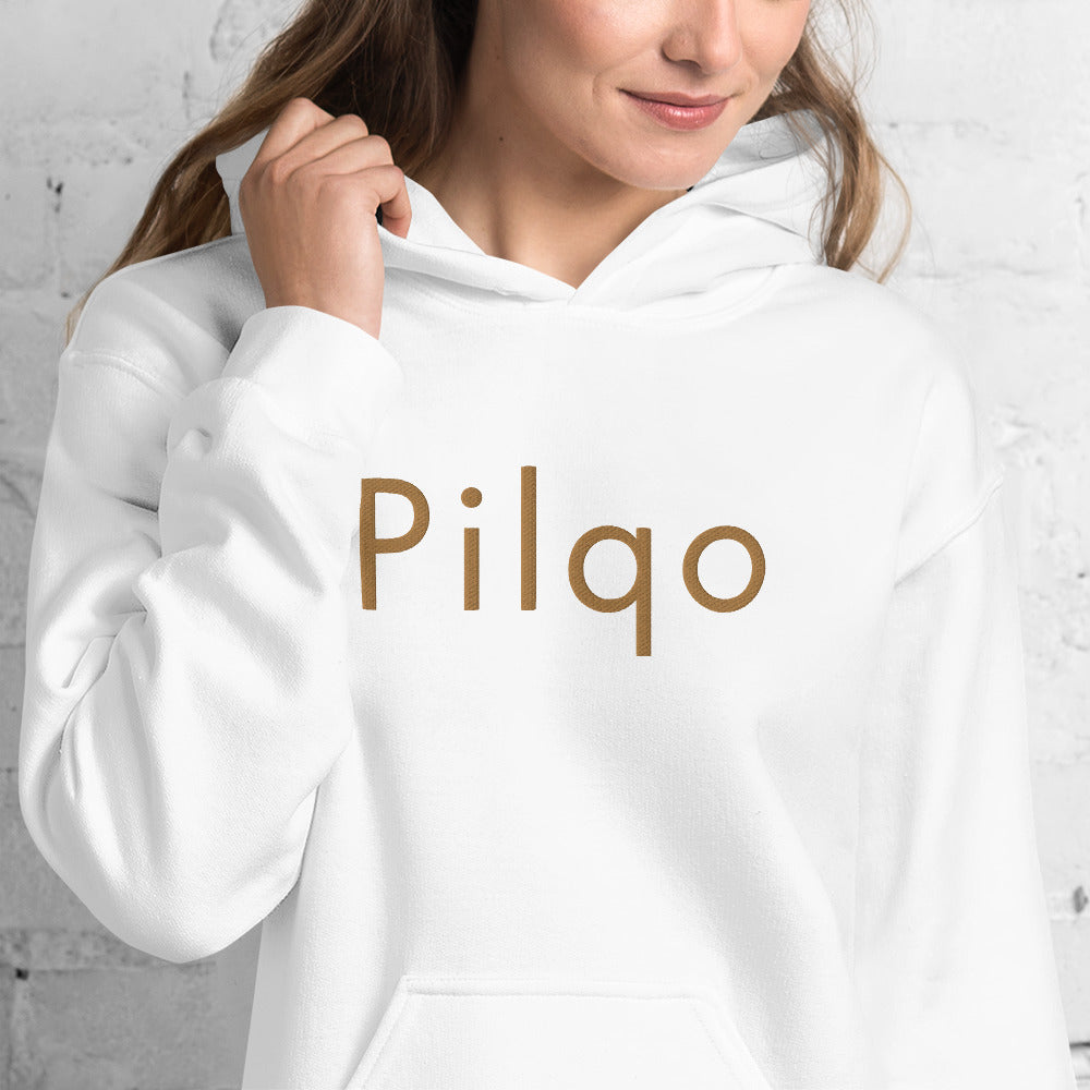 Hoodie with old gold embroidery text