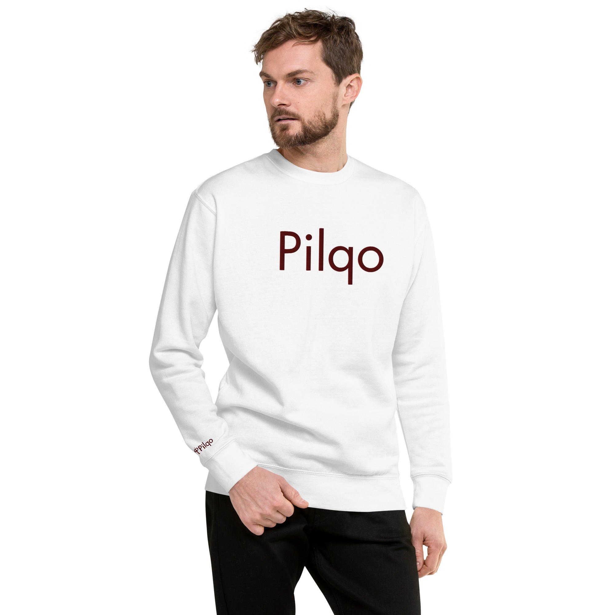 Premium-Sweatshirt mit kastanienbraunem gesticktem Text und Logo am Handgelenk