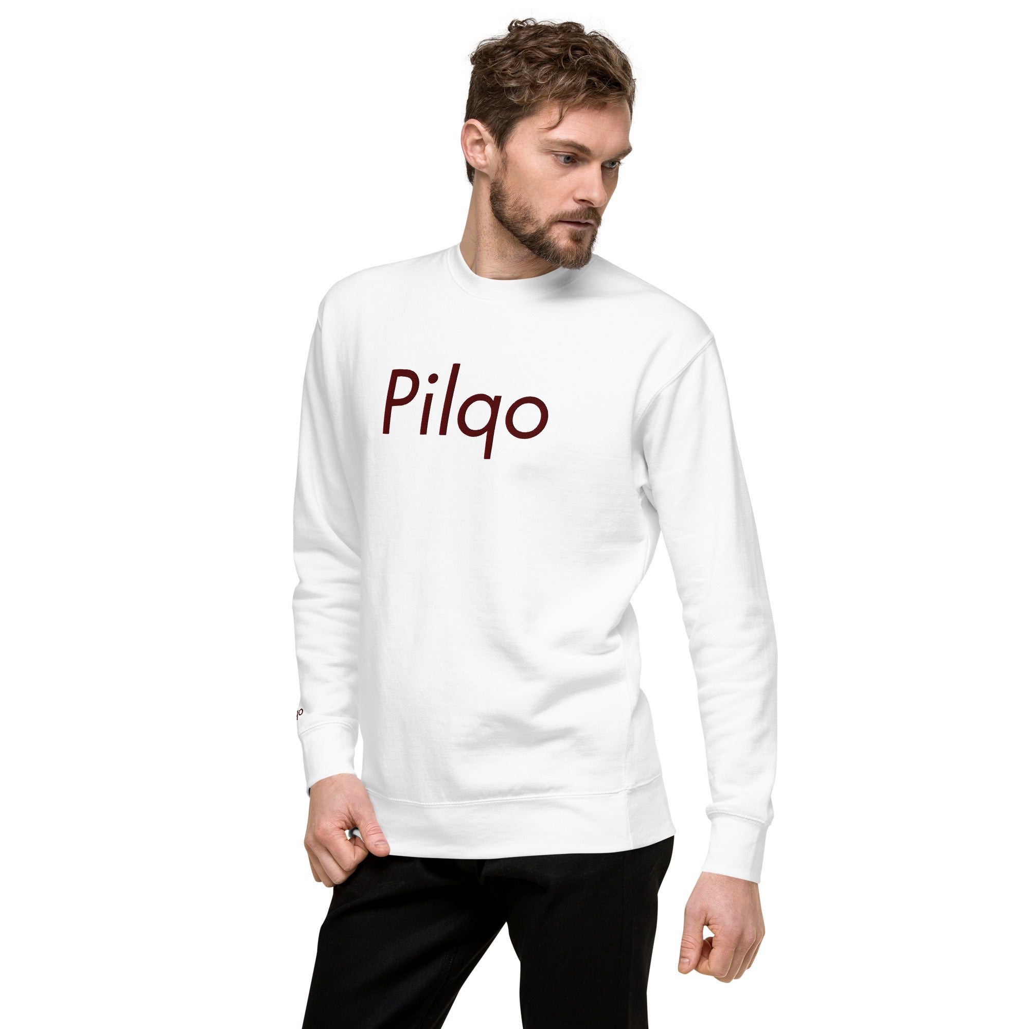 Premium-Sweatshirt mit kastanienbraunem gesticktem Text und Logo am Handgelenk