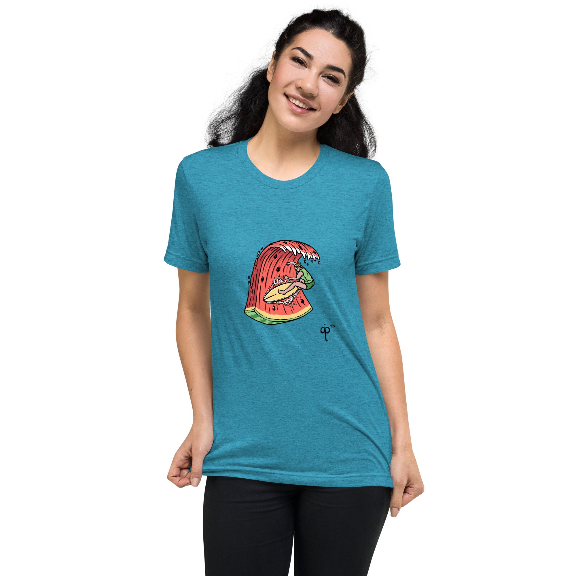 T-shirt with graphics of a surfer on a watermelon