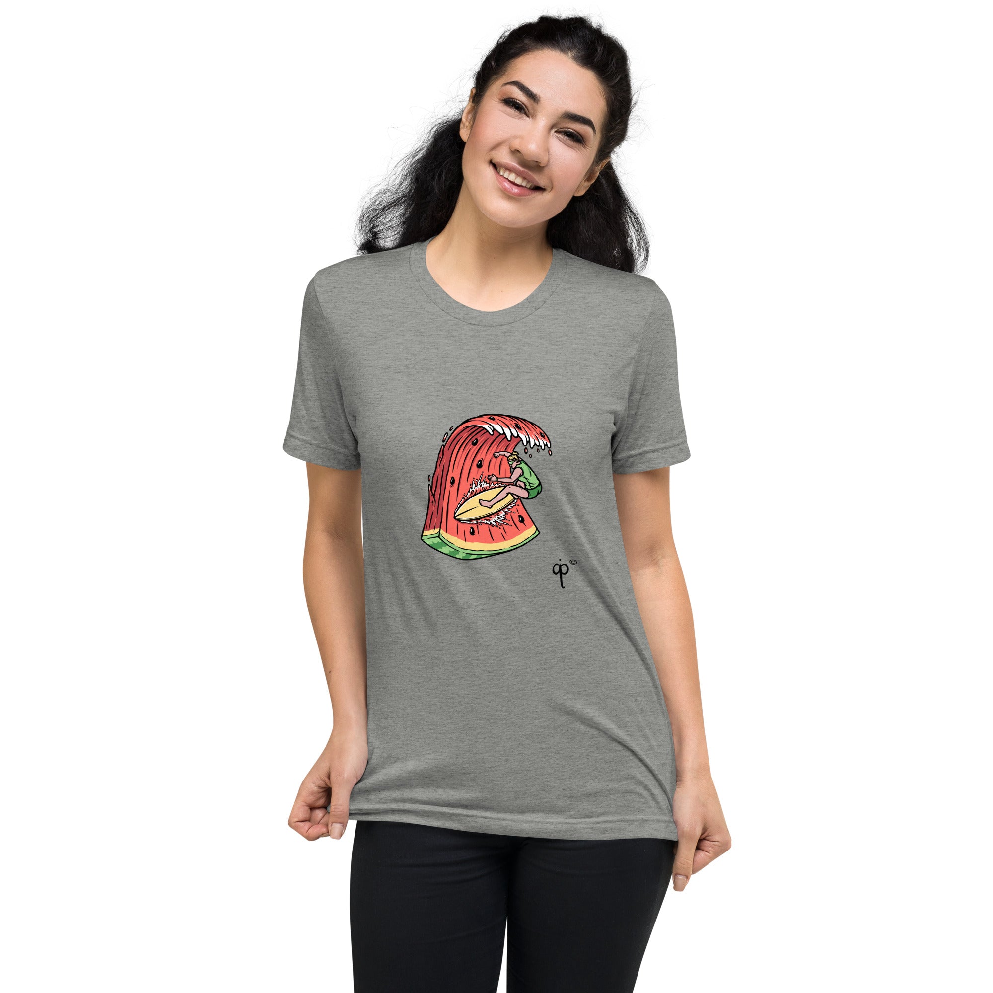 T-shirt with graphics of a surfer on a watermelon